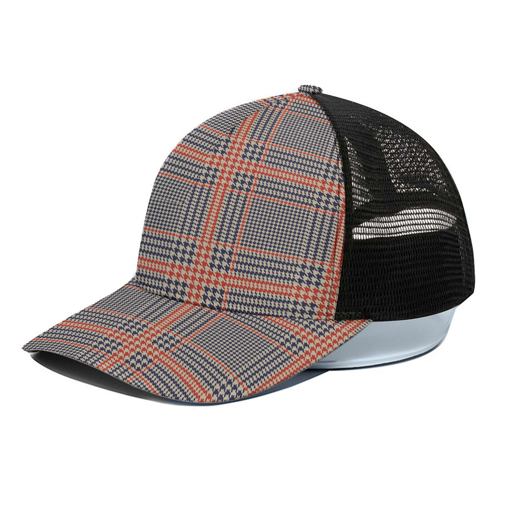 Blue Beige And Orange Glen Plaid Print Black Mesh Trucker Cap