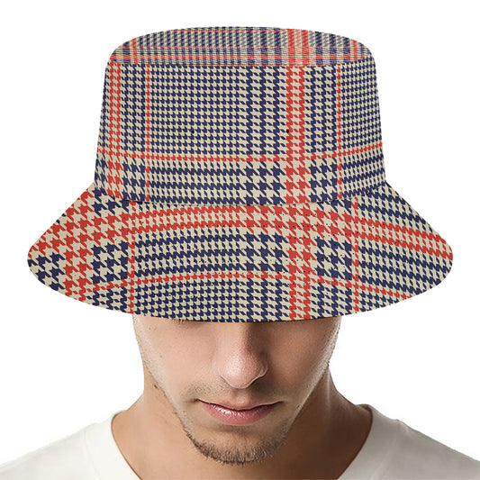 Blue Beige And Orange Glen Plaid Print Bucket Hat