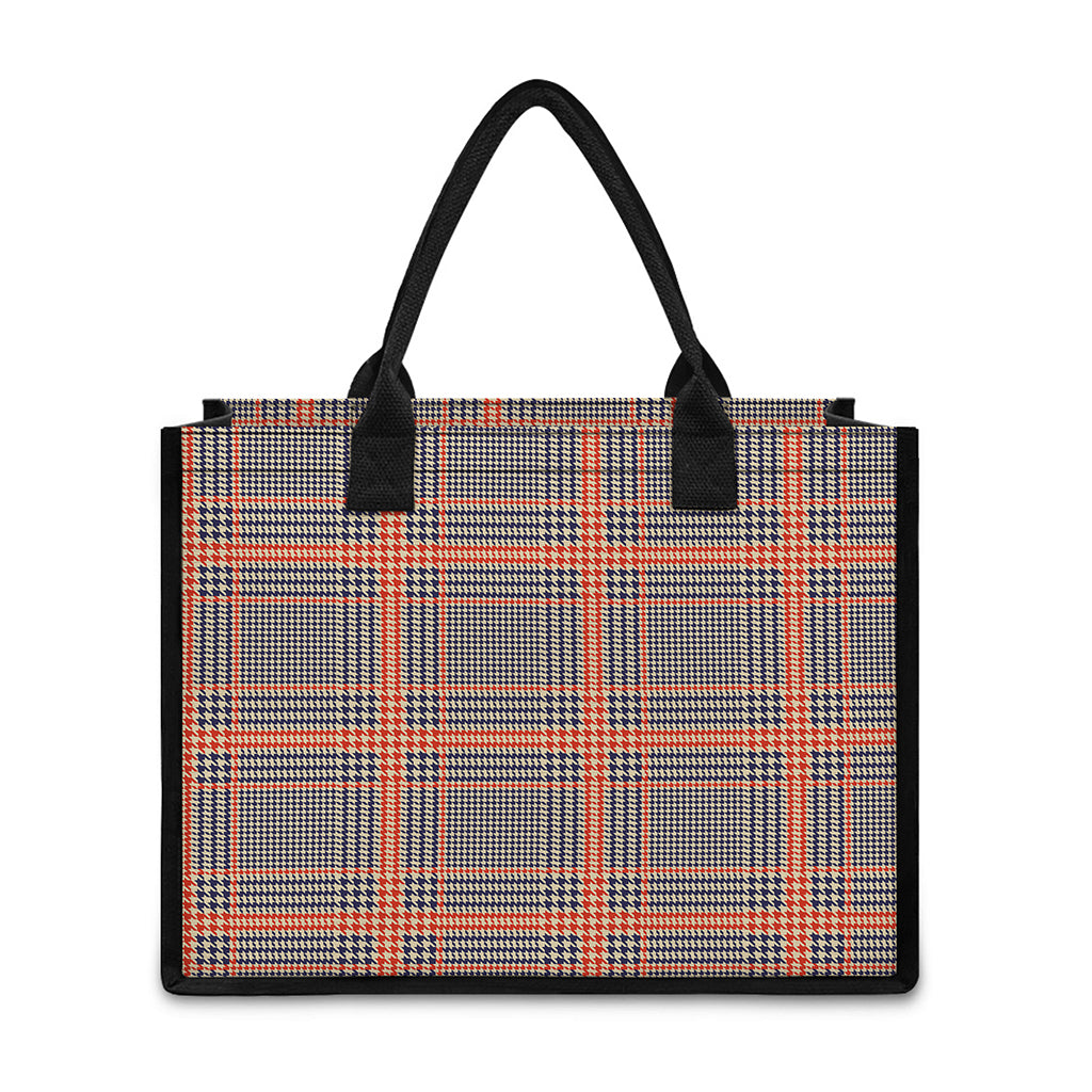 Blue Beige And Orange Glen Plaid Print Canvas Tote Bag