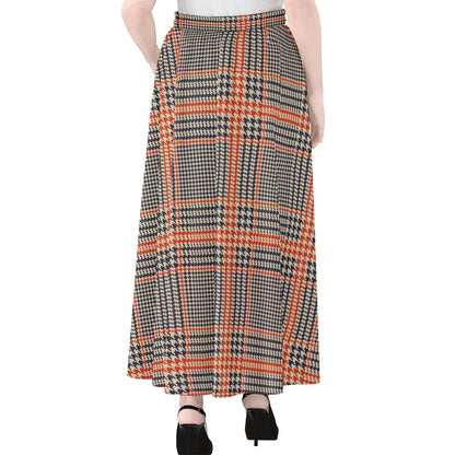 Blue Beige And Orange Glen Plaid Print Chiffon Maxi Skirt