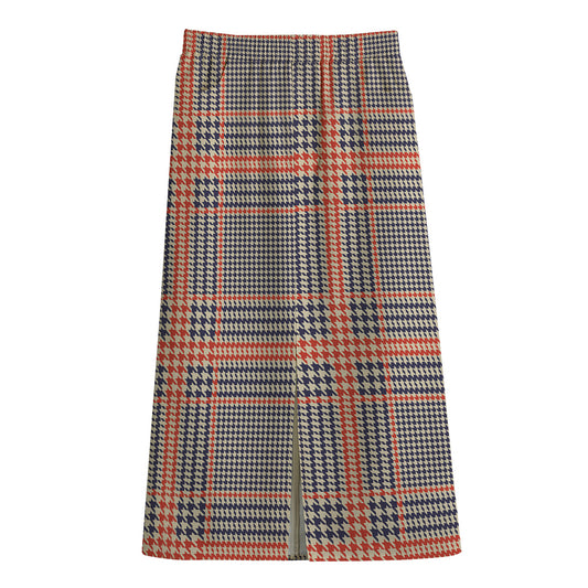 Blue Beige And Orange Glen Plaid Print Cotton Front Slit Maxi Skirt