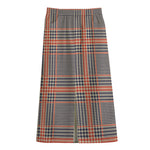 Blue Beige And Orange Glen Plaid Print Cotton Front Slit Maxi Skirt