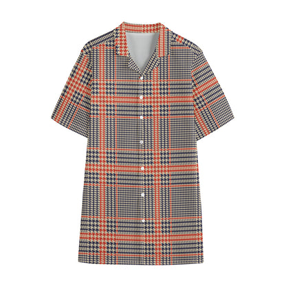 Blue Beige And Orange Glen Plaid Print Cotton Hawaiian Shirt