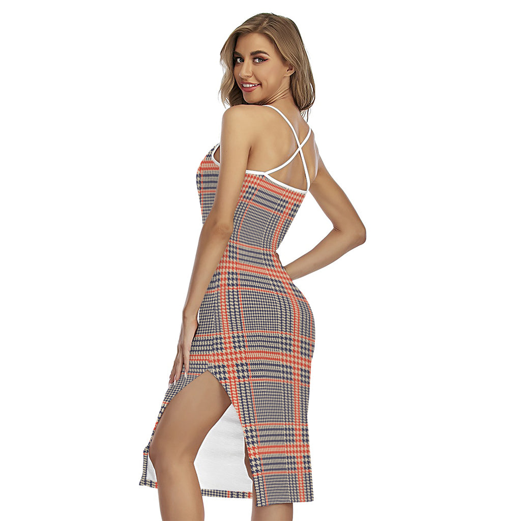 Blue Beige And Orange Glen Plaid Print Cross Back Cami Dress