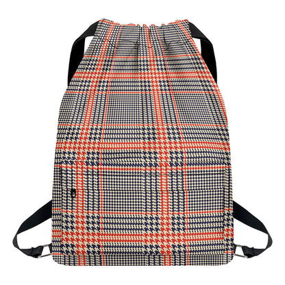 Blue Beige And Orange Glen Plaid Print Drawstring Backpack