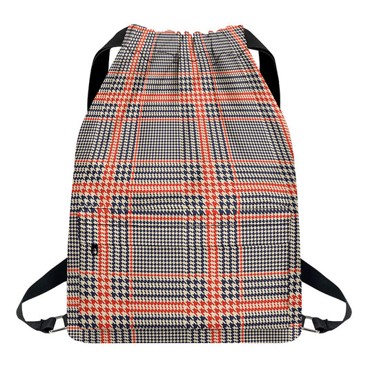 Blue Beige And Orange Glen Plaid Print Drawstring Backpack