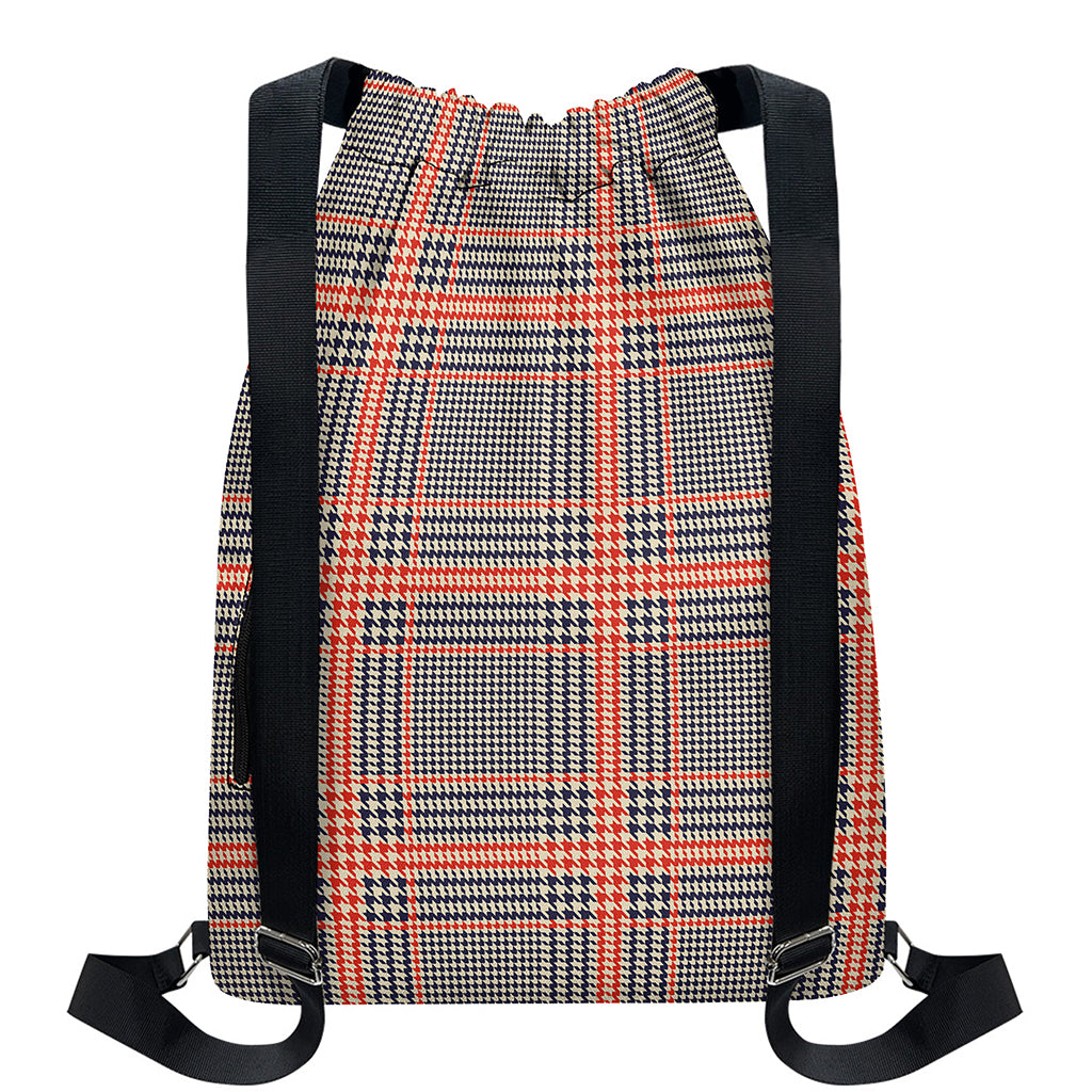 Blue Beige And Orange Glen Plaid Print Drawstring Backpack