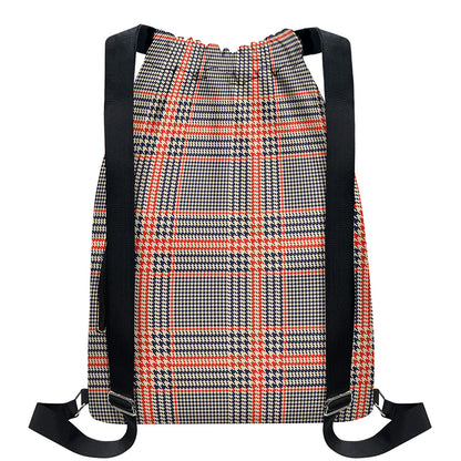 Blue Beige And Orange Glen Plaid Print Drawstring Backpack