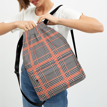 Blue Beige And Orange Glen Plaid Print Drawstring Backpack