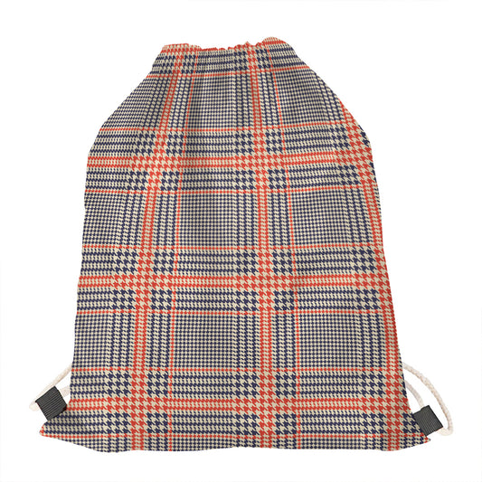 Blue Beige And Orange Glen Plaid Print Drawstring Bag