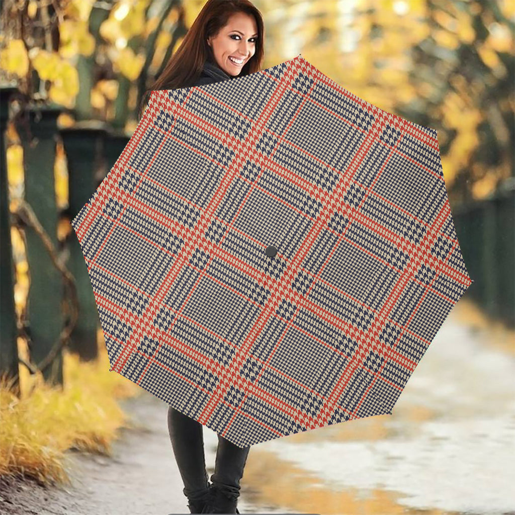 Blue Beige And Orange Glen Plaid Print Foldable Umbrella