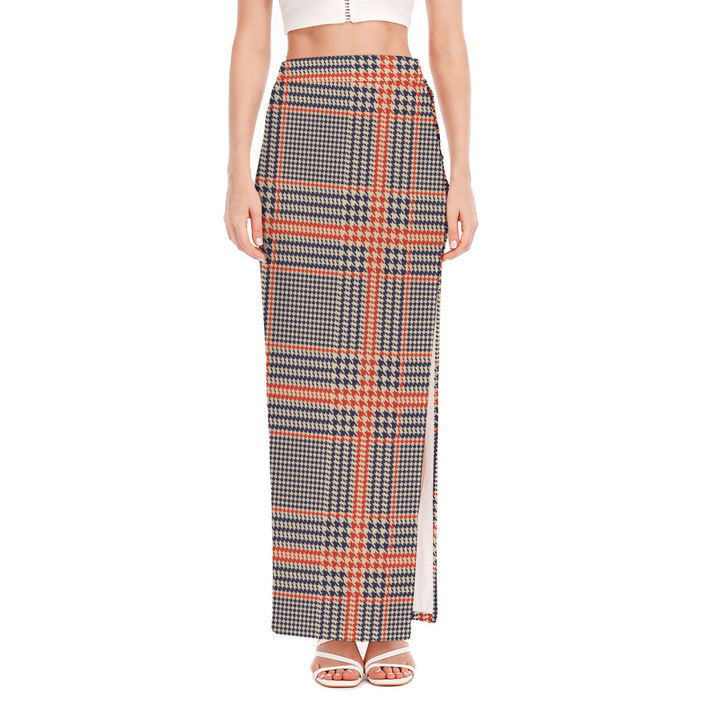 Blue Beige And Orange Glen Plaid Print High Slit Maxi Skirt