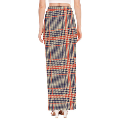 Blue Beige And Orange Glen Plaid Print High Slit Maxi Skirt