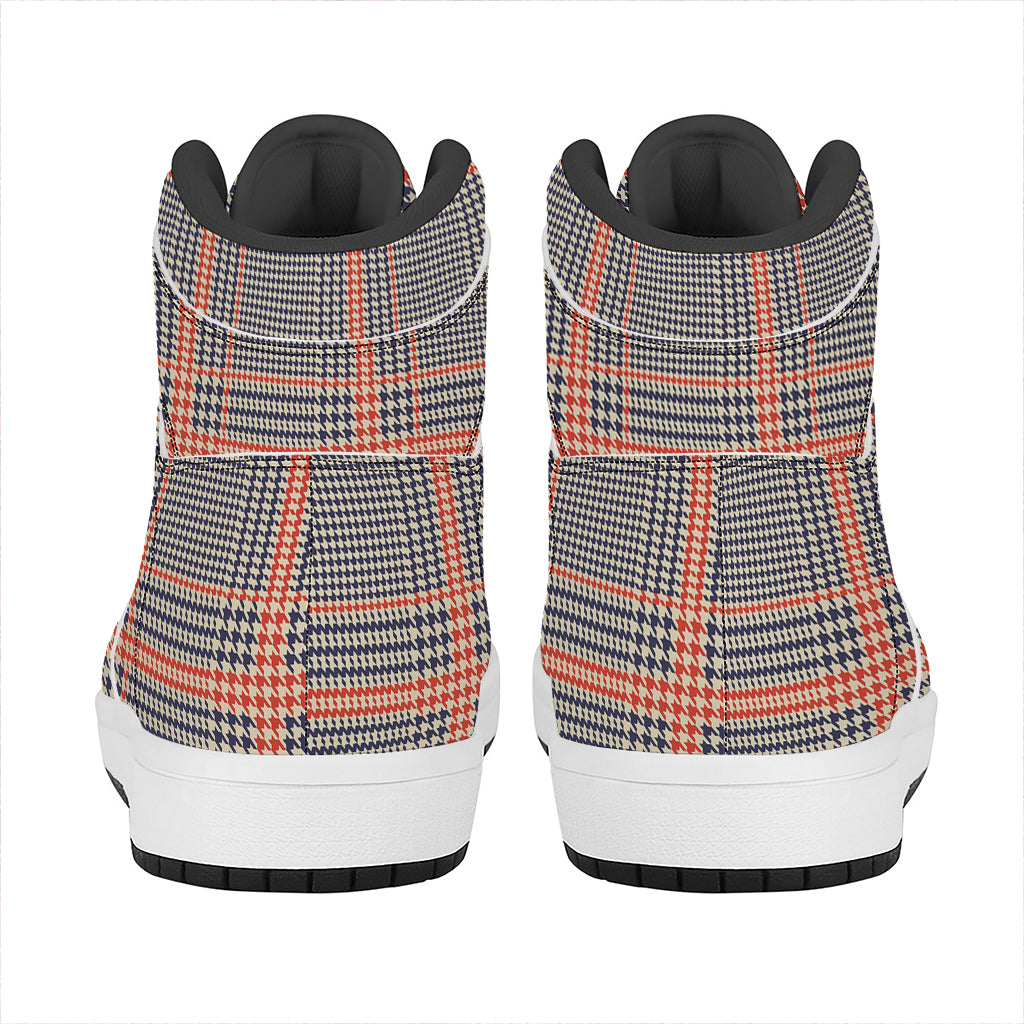 Blue Beige And Orange Glen Plaid Print High Top Leather Sneakers