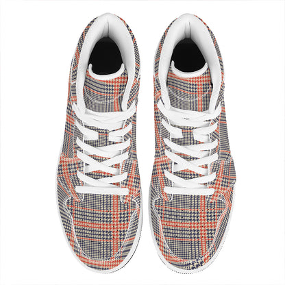 Blue Beige And Orange Glen Plaid Print High Top Leather Sneakers