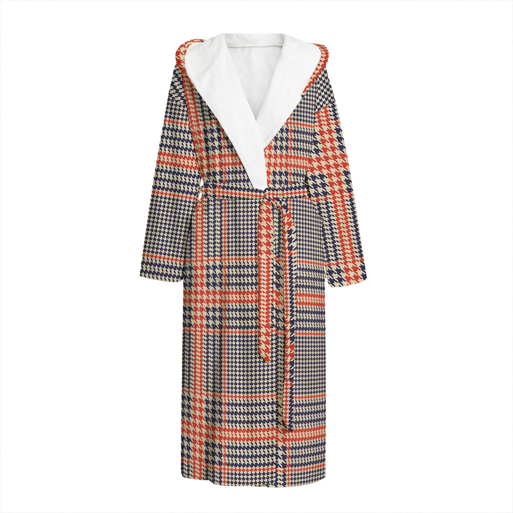 Blue Beige And Orange Glen Plaid Print Hooded Bathrobe