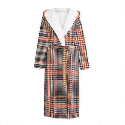 Blue Beige And Orange Glen Plaid Print Hooded Bathrobe