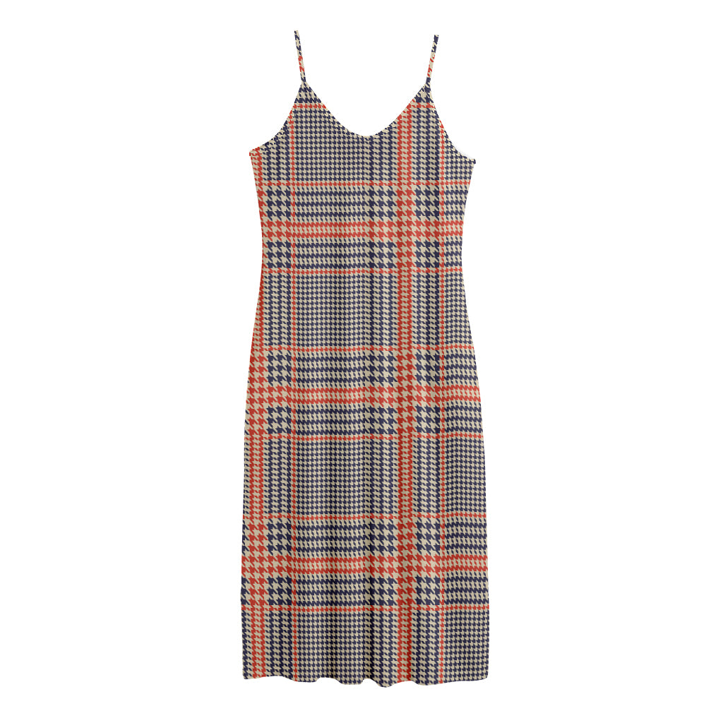 Blue Beige And Orange Glen Plaid Print Jersey Midi Cami Dress