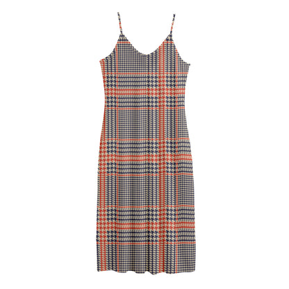 Blue Beige And Orange Glen Plaid Print Jersey Midi Cami Dress