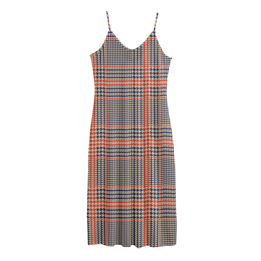 Blue Beige And Orange Glen Plaid Print Jersey Midi Cami Dress