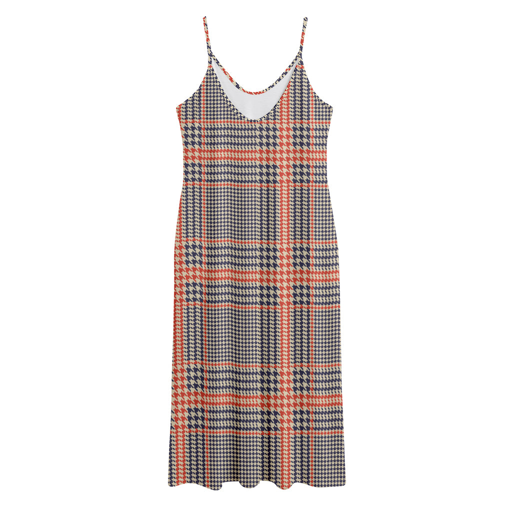 Blue Beige And Orange Glen Plaid Print Jersey Midi Cami Dress