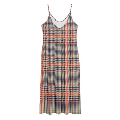 Blue Beige And Orange Glen Plaid Print Jersey Midi Cami Dress