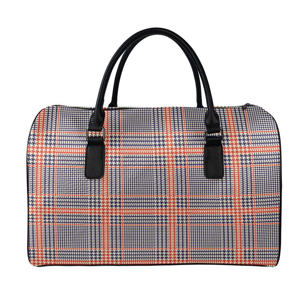 Blue Beige And Orange Glen Plaid Print Leather Duffle Bag