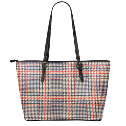 Blue Beige And Orange Glen Plaid Print Leather Tote Bag