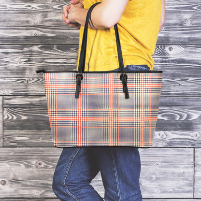 Blue Beige And Orange Glen Plaid Print Leather Tote Bag