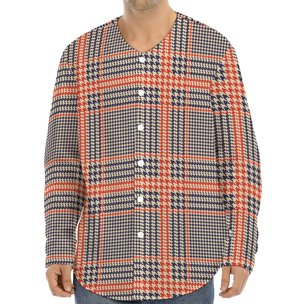 Blue Beige And Orange Glen Plaid Print Long Sleeve Baseball Jersey