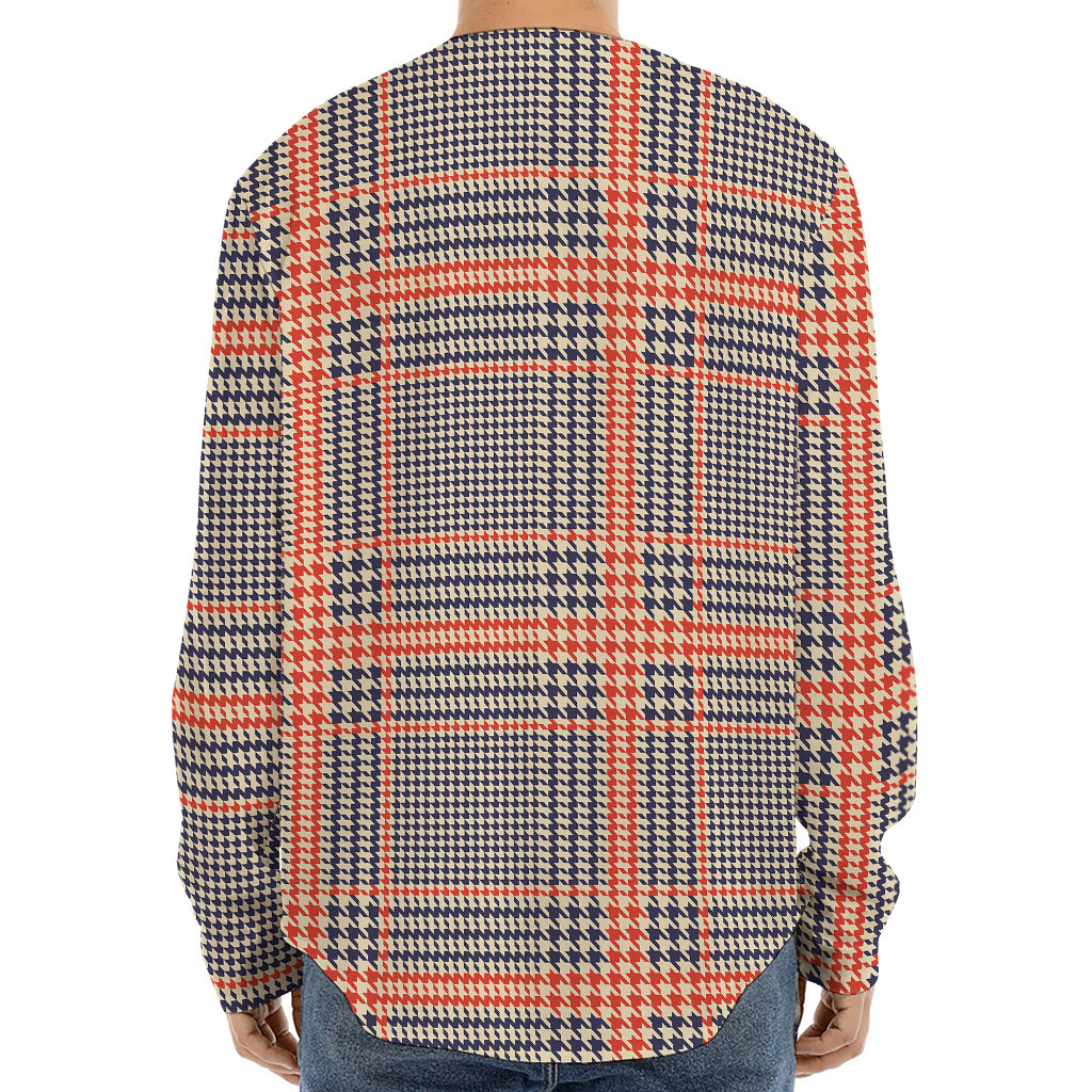Blue Beige And Orange Glen Plaid Print Long Sleeve Baseball Jersey