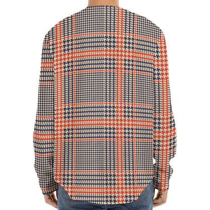 Blue Beige And Orange Glen Plaid Print Long Sleeve Baseball Jersey