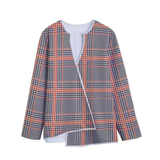 Blue Beige And Orange Glen Plaid Print Long Sleeve Short Coat