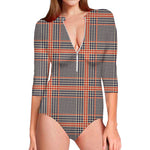 Blue Beige And Orange Glen Plaid Print Long Sleeve Swimsuit