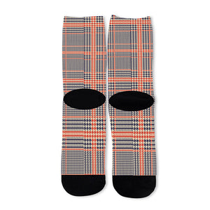 Blue Beige And Orange Glen Plaid Print Long Socks