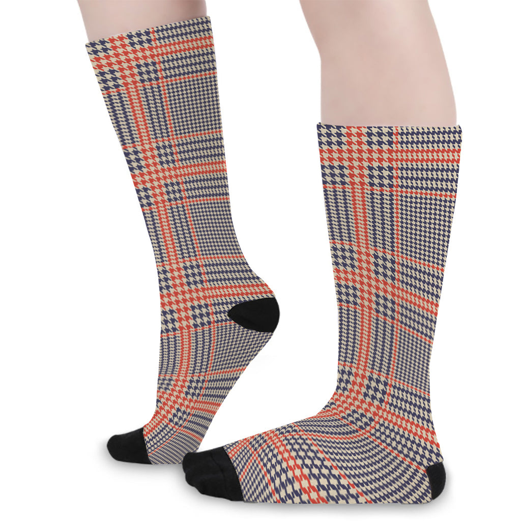 Blue Beige And Orange Glen Plaid Print Long Socks