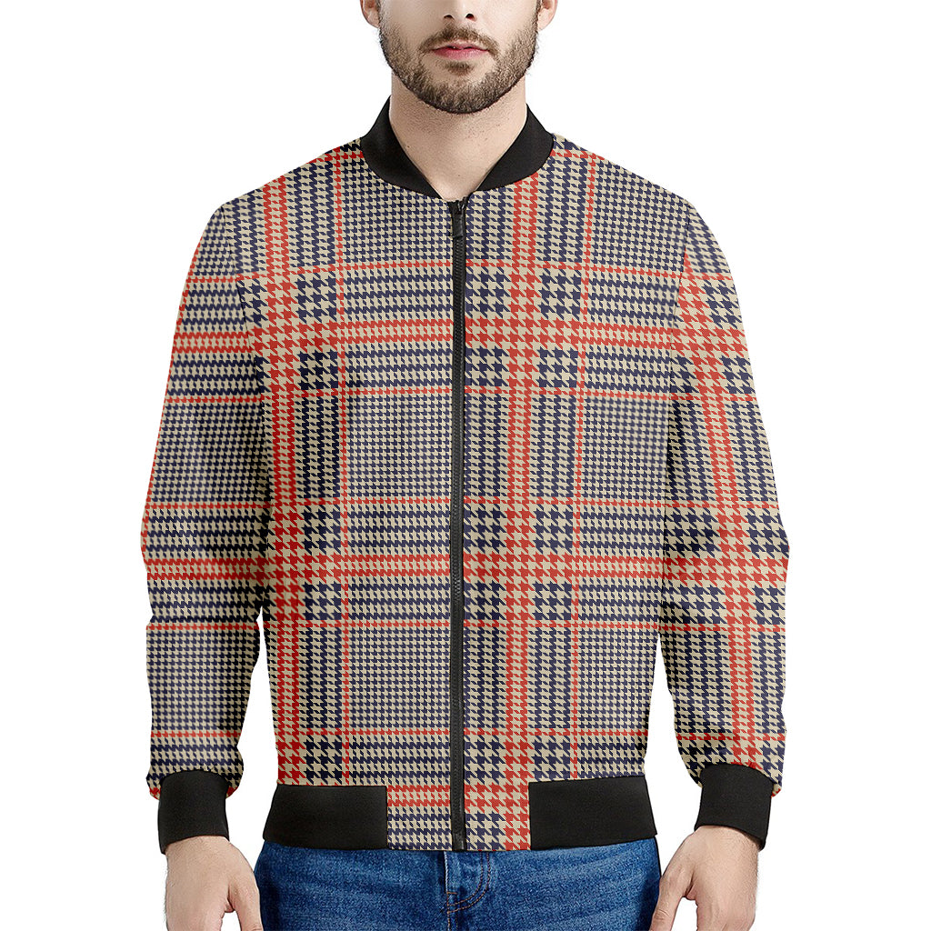 Blue Beige And Orange Glen Plaid Print Men's Bomber Jacket