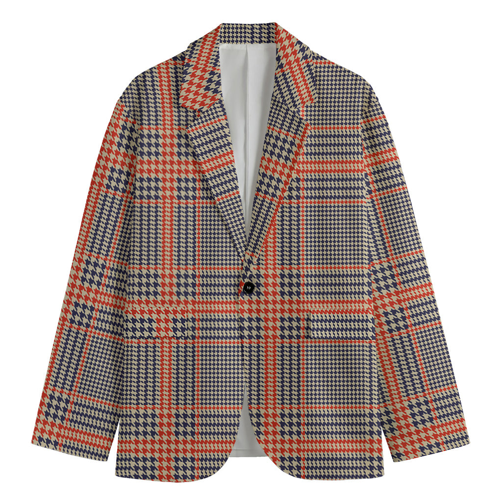 Blue Beige And Orange Glen Plaid Print Men's Cotton Blazer
