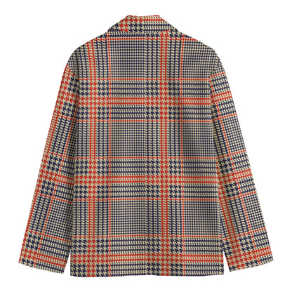 Blue Beige And Orange Glen Plaid Print Men's Cotton Blazer