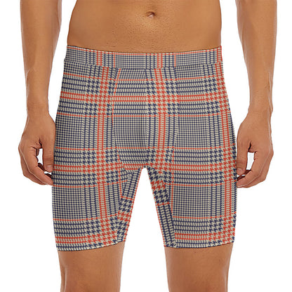 Blue Beige And Orange Glen Plaid Print Men's Long Boxer Briefs