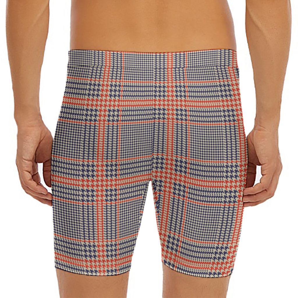 Blue Beige And Orange Glen Plaid Print Men's Long Boxer Briefs