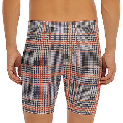 Blue Beige And Orange Glen Plaid Print Men's Long Boxer Briefs