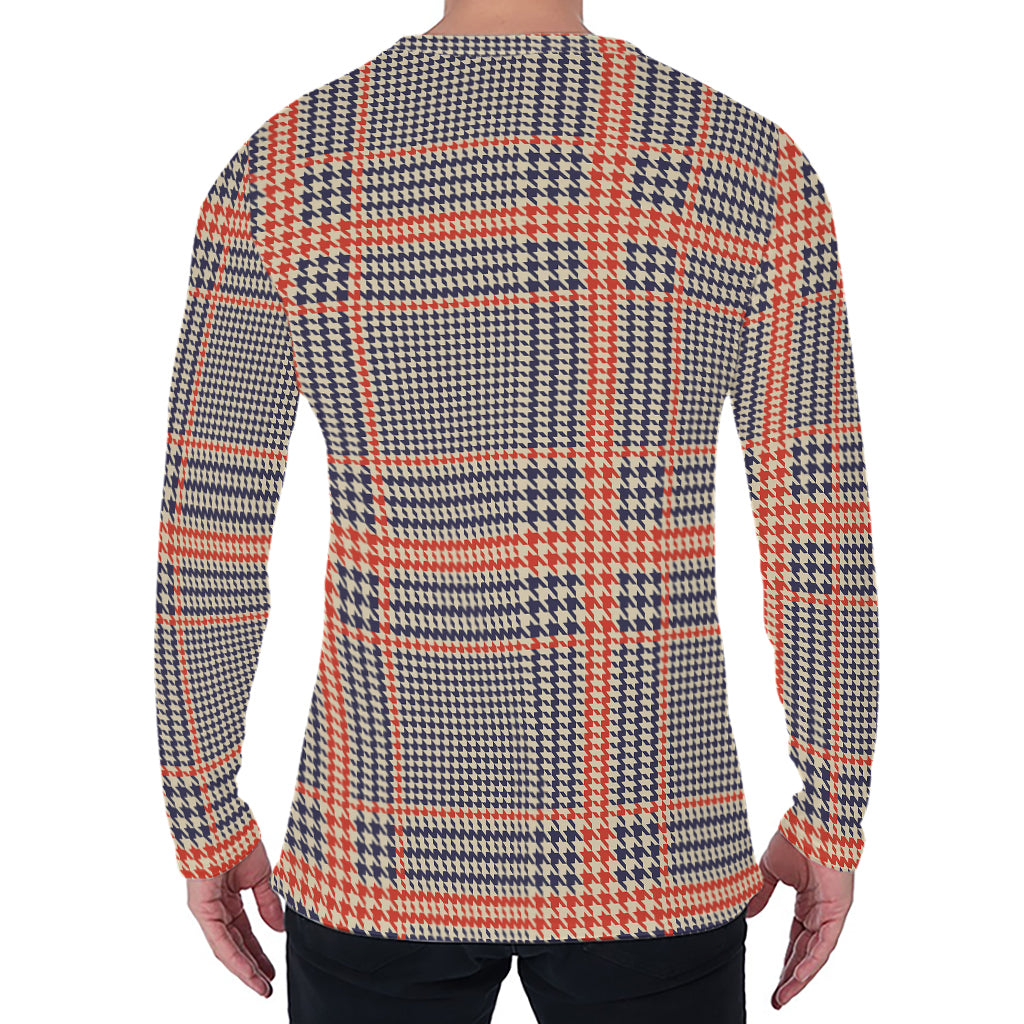 Blue Beige And Orange Glen Plaid Print Men's Long Sleeve T-Shirt