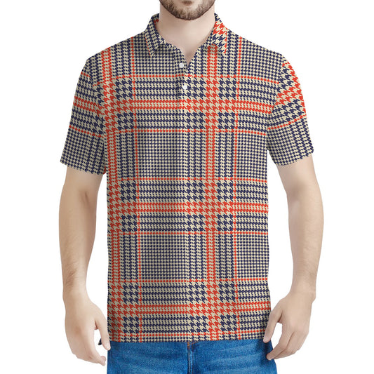 Blue Beige And Orange Glen Plaid Print Men's Polo Shirt
