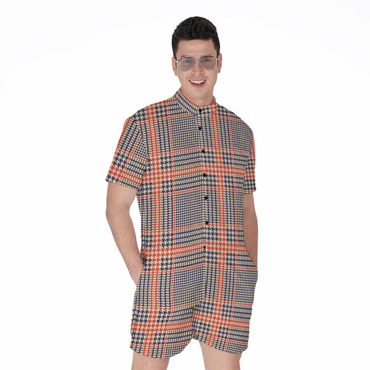 Blue Beige And Orange Glen Plaid Print Men's Rompers