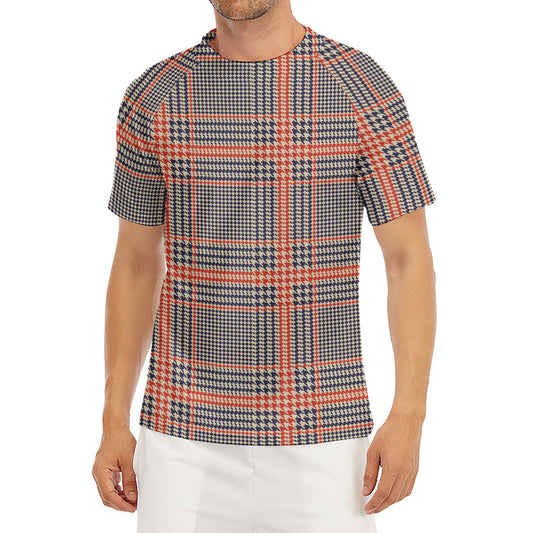 Blue Beige And Orange Glen Plaid Print Men's Short Sleeve Rash Guard
