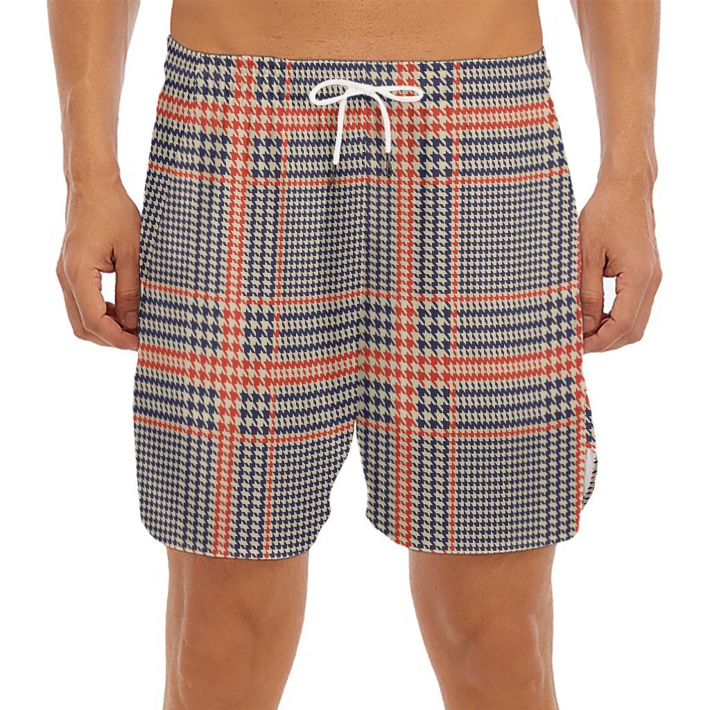 Blue Beige And Orange Glen Plaid Print Men's Split Running Shorts
