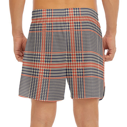 Blue Beige And Orange Glen Plaid Print Men's Split Running Shorts