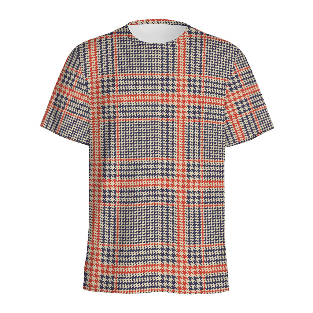 Blue Beige And Orange Glen Plaid Print Men's Sports T-Shirt
