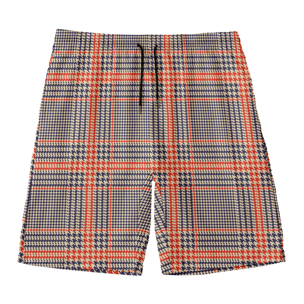 Blue Beige And Orange Glen Plaid Print Men's Swim Trunks